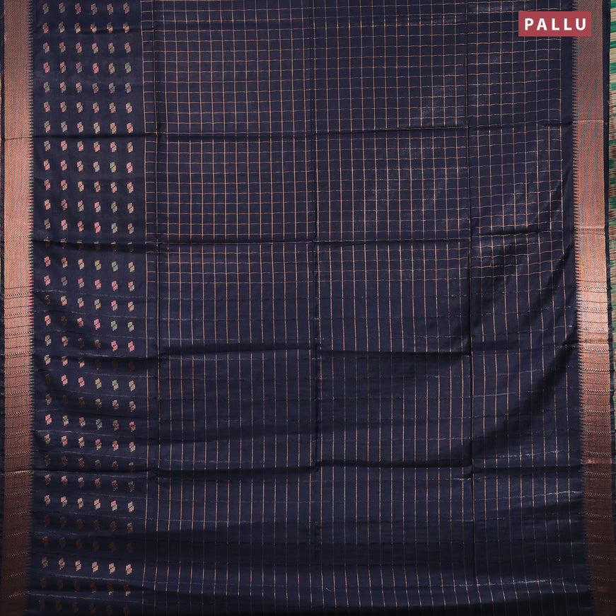 Semi tussar saree black and teal blue with zari checked pattern and copper zari woven border & kalamkari printed blouse
