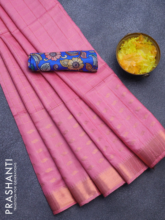 Semi tussar saree light pink and royal blue with zari checked pattern and copper zari woven border & kalamkari printed blouse