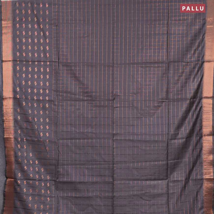 Semi tussar saree grey and magenta pink with zari checked pattern and copper zari woven border & kalamkari printed blouse