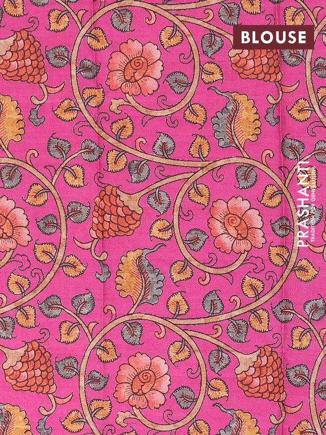 Semi tussar saree grey and magenta pink with zari checked pattern and copper zari woven border & kalamkari printed blouse