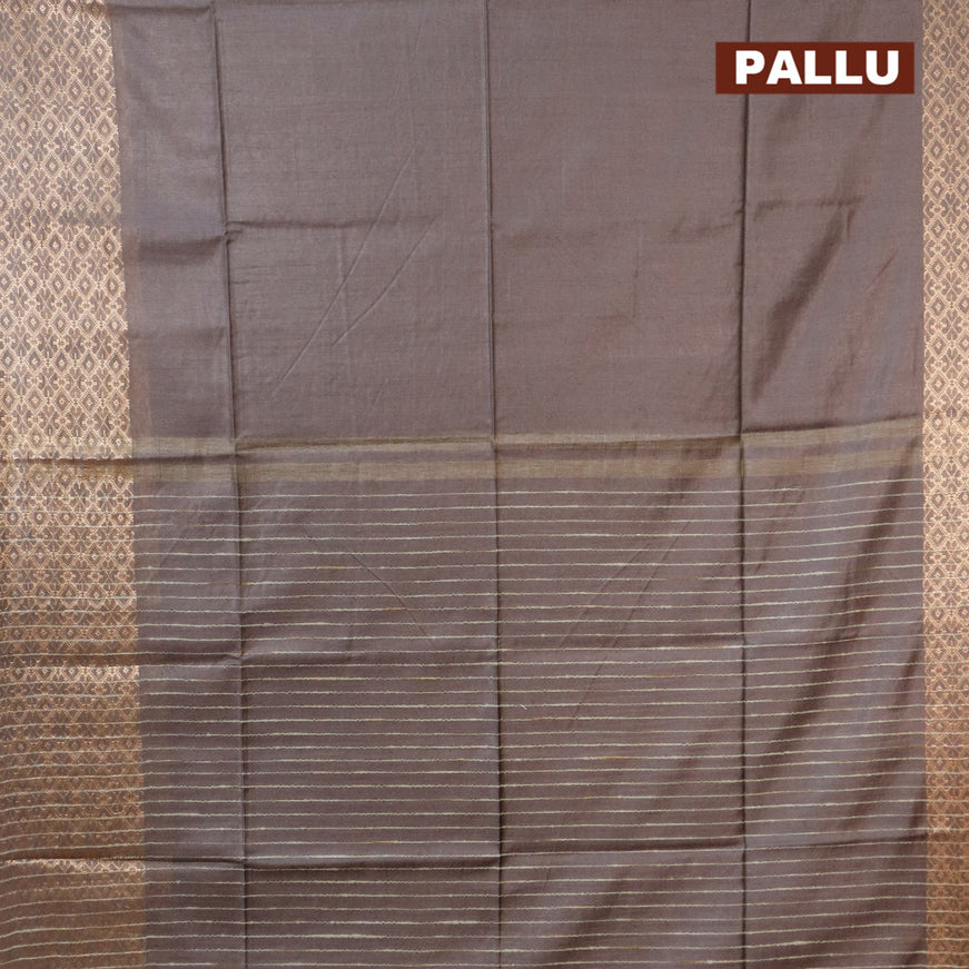 Semi tussar saree grey and pink with plain body and zari woven border & kalamkari printed blouse