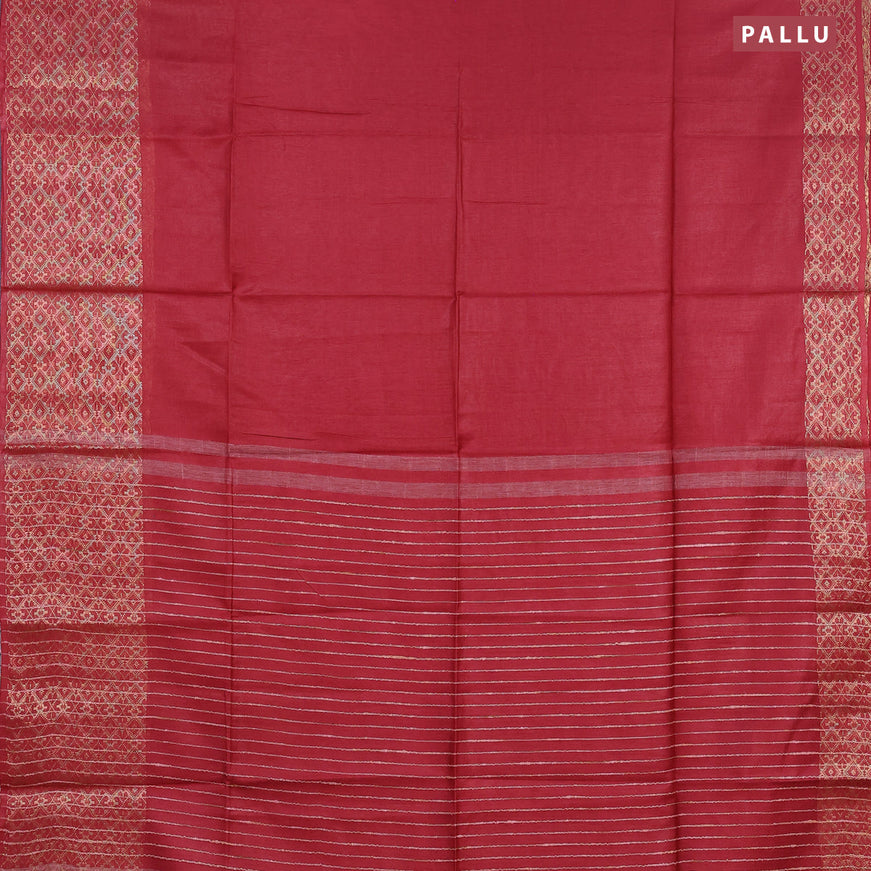 Semi tussar saree maroon and dark green with plain body and zari woven border & kalamkari printed blouse