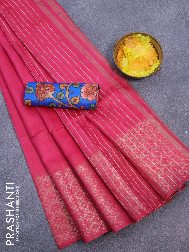 Semi tussar saree pink and royal blue with plain body and zari woven border & kalamkari printed blouse