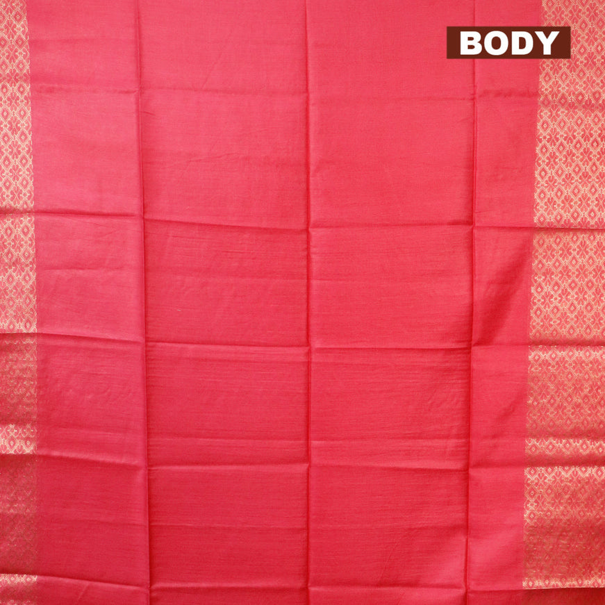Semi tussar saree pink and dark green with plain body and zari woven border & kalamkari printed blouse