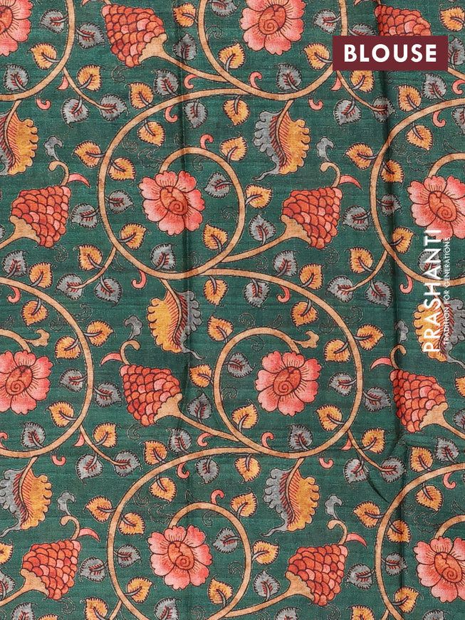 Semi tussar saree sap green and green with plain body and long copper zari woven border & kalamkari printed blouse