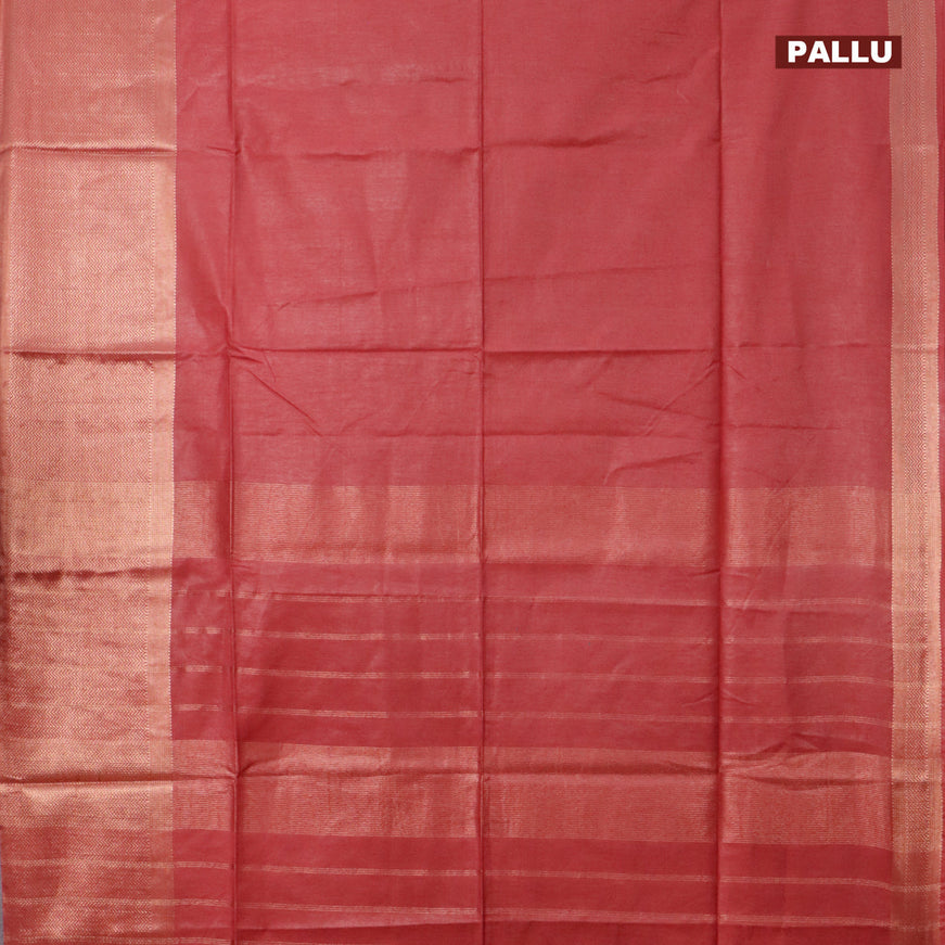 Semi tussar saree red and dark green with plain body and long copper zari woven border & kalamkari printed blouse