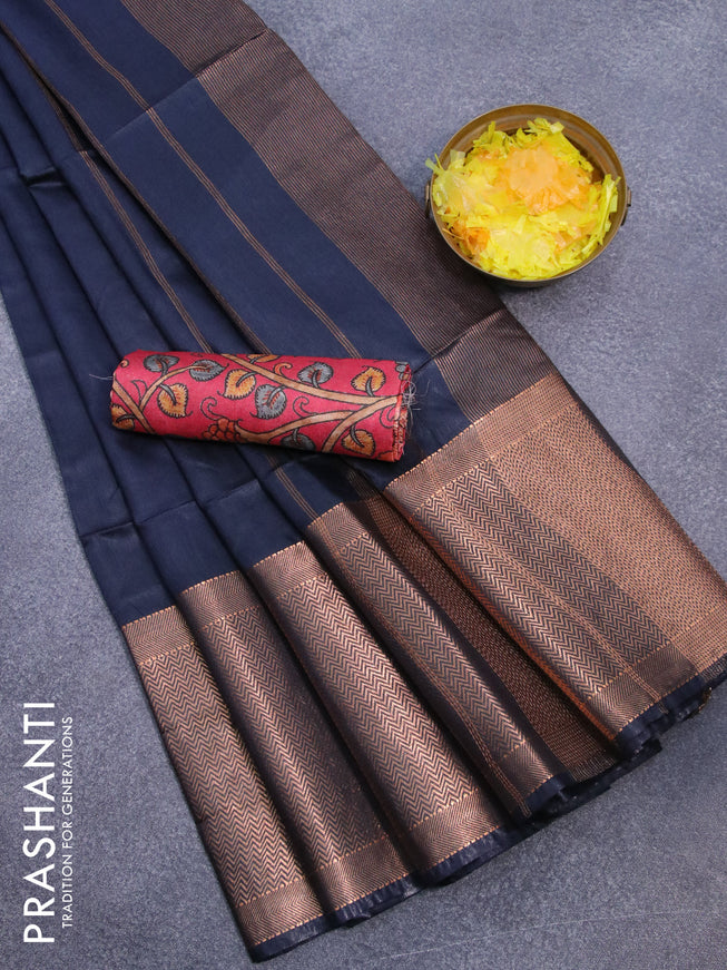 Semi tussar saree black and red with plain body and long copper zari woven border & kalamkari printed blouse