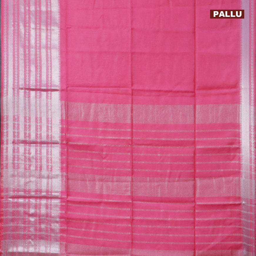 Semi tussar saree pink and royal blue with plain body and silver zari woven border & kalamkari printed blouse