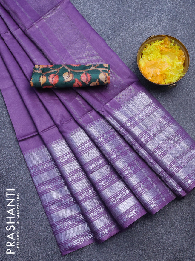 Semi tussar saree violet and green with plain body and silver zari woven border & kalamkari printed blouse