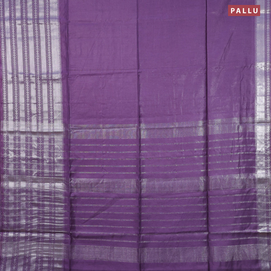 Semi tussar saree violet and green with plain body and silver zari woven border & kalamkari printed blouse