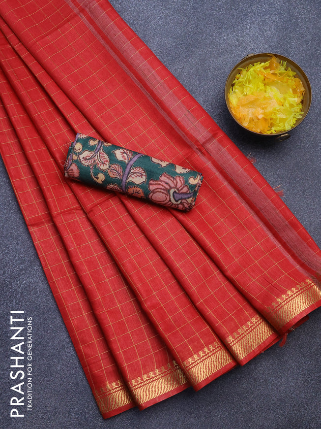 Semi tussar saree red and green with allover zari checked pattern and zari woven border & kalamkari printed blouse