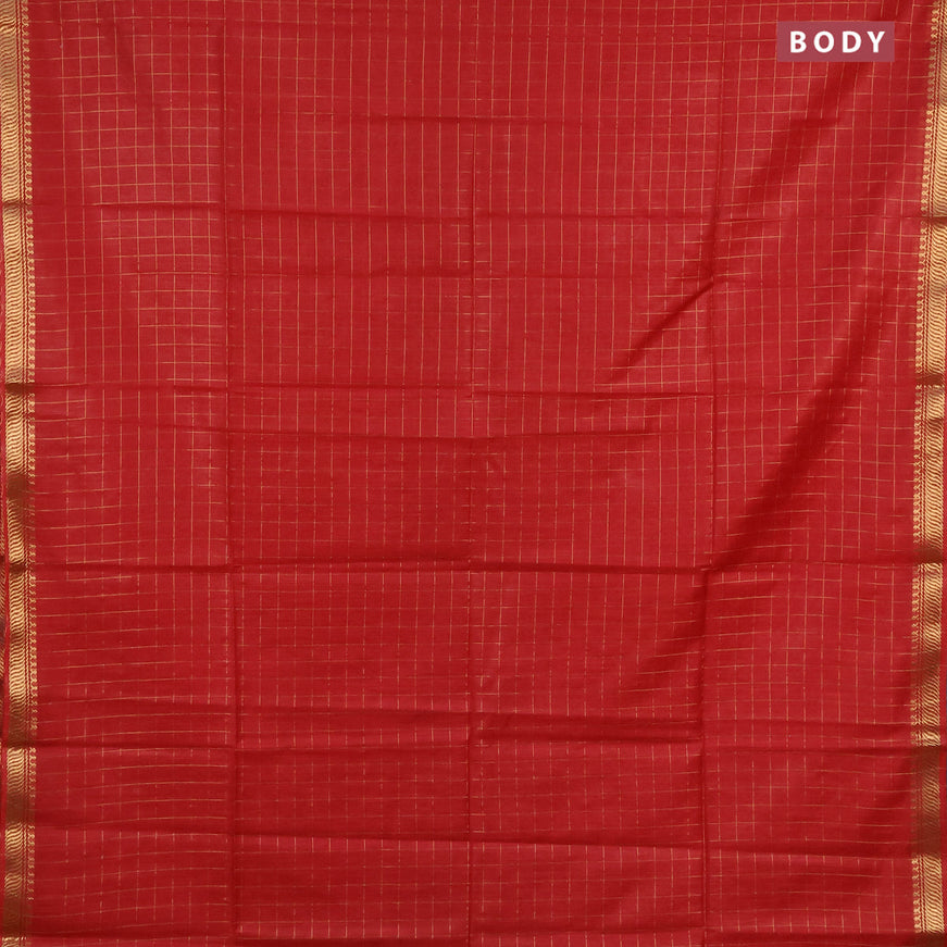 Semi tussar saree red and green with allover zari checked pattern and zari woven border & kalamkari printed blouse