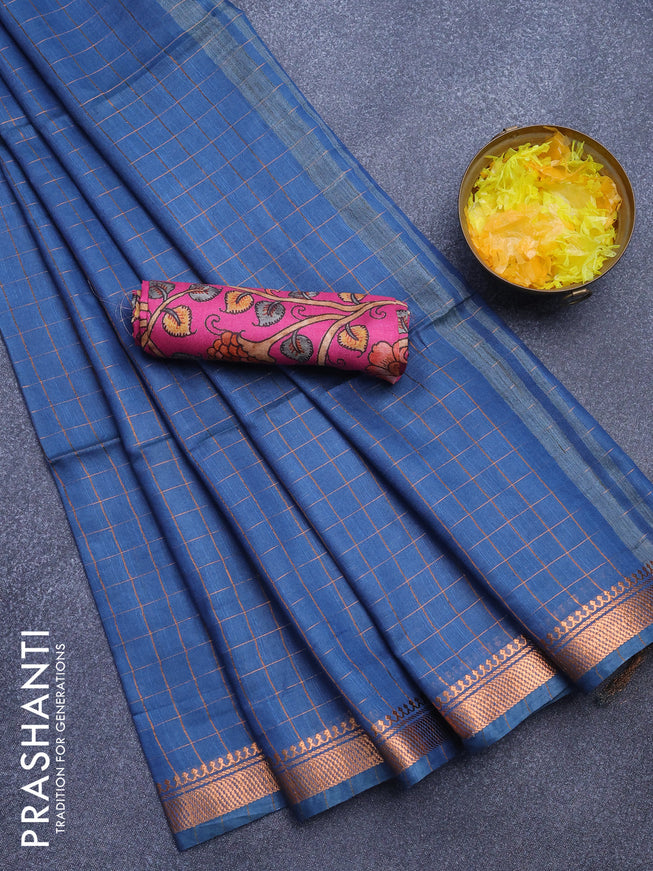 Semi tussar saree dual shade of blue and pink with allover zari checked pattern and zari woven border & kalamkari printed blouse