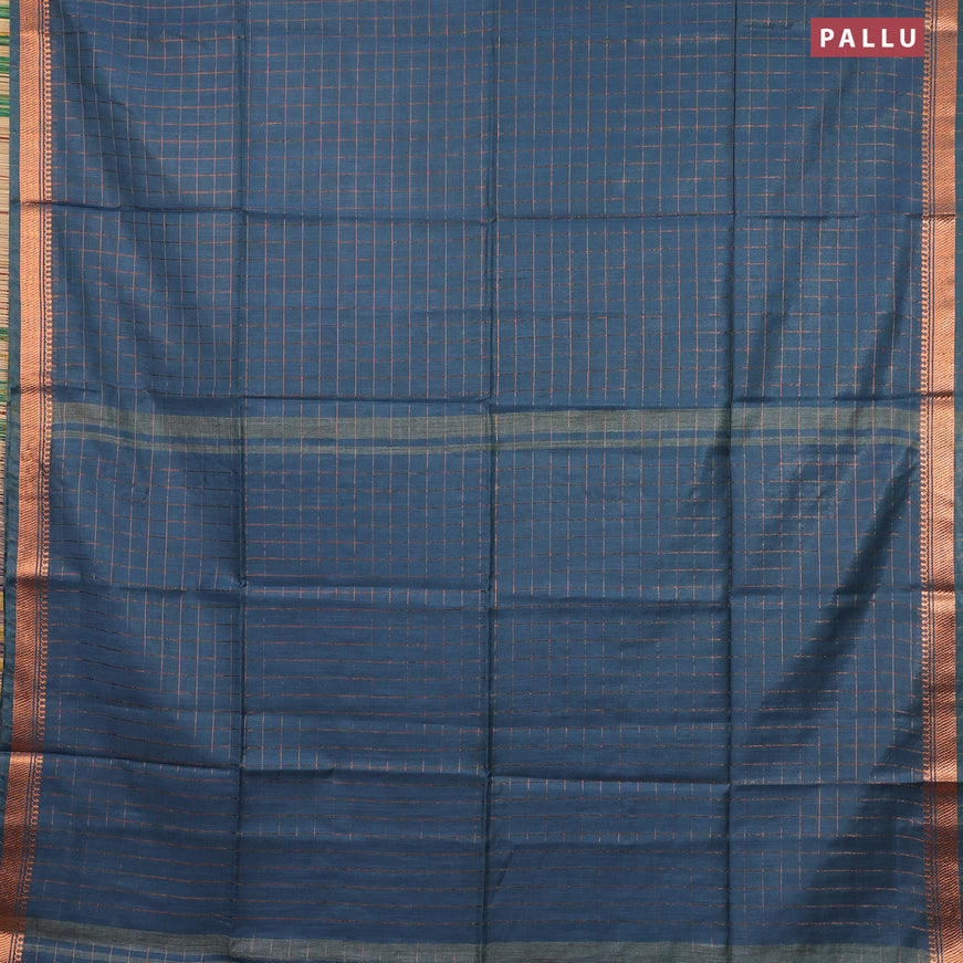 Semi tussar saree dual shade of blue and pink with allover zari checked pattern and zari woven border & kalamkari printed blouse