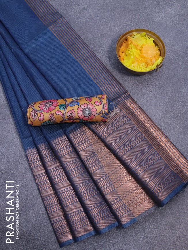 Semi tussar saree peacock blue shade and mustard yellow with plain body and long copper zari woven border & kalamkari printed blouse