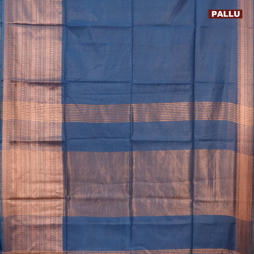 Semi tussar saree peacock blue shade and mustard yellow with plain body and long copper zari woven border & kalamkari printed blouse