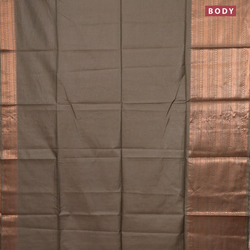 Semi tussar saree military green shade and pink with plain body and long copper zari woven border & kalamkari printed blouse