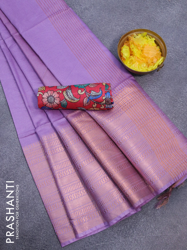 Semi tussar saree lavender shade and reddish pink with plain body and long copper zari woven border & kalamkari printed blouse