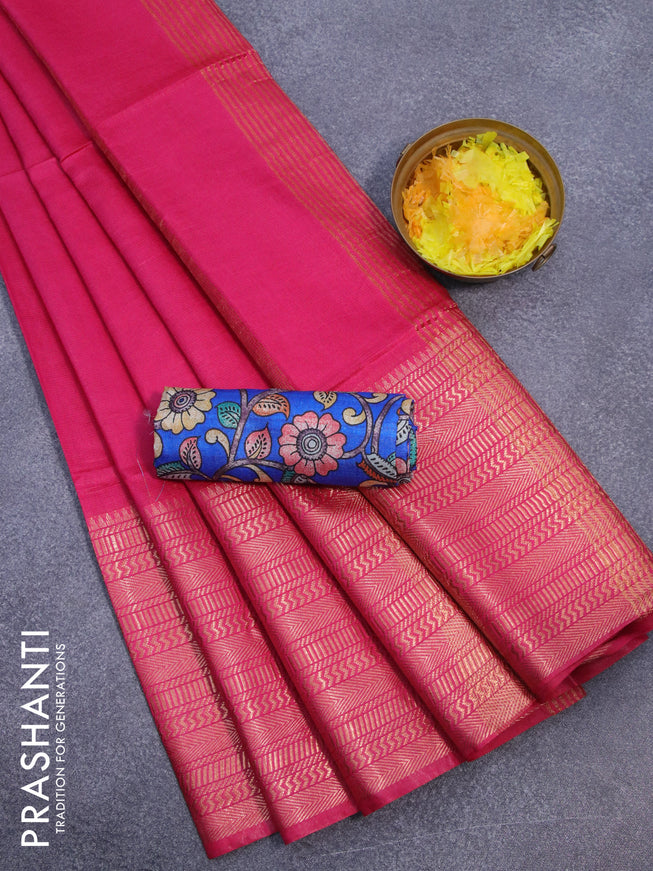 Semi tussar saree pink and blue with plain body and long copper zari woven border & kalamkari printed blouse