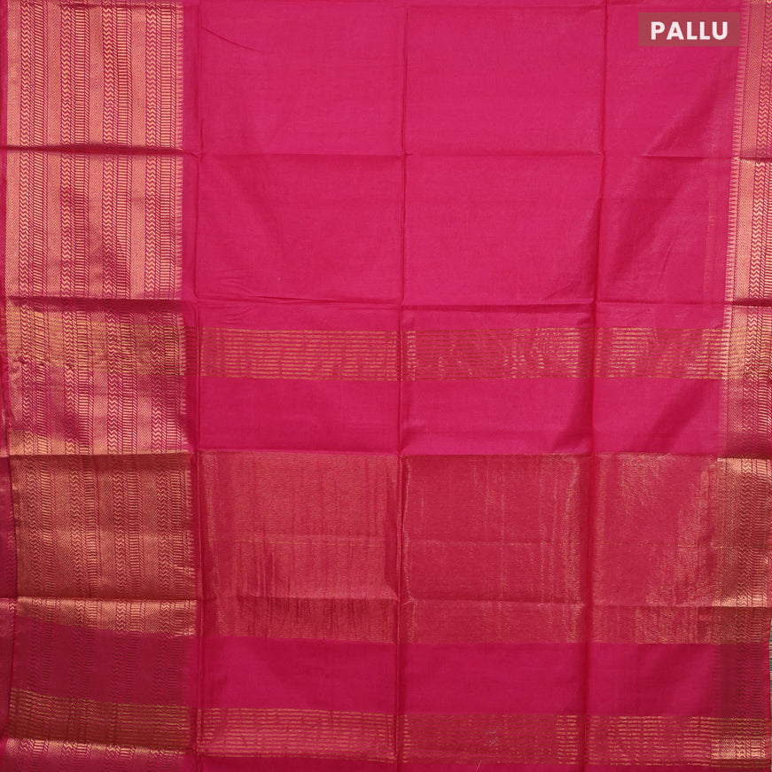 Semi tussar saree pink and blue with plain body and long copper zari woven border & kalamkari printed blouse