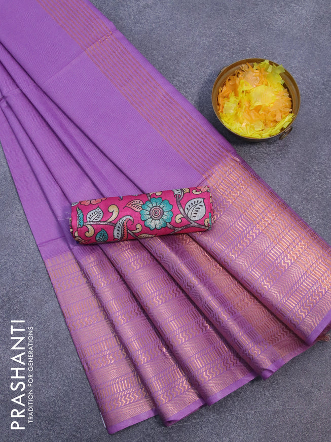 Semi tussar saree lavender shade and pink with plain body and long copper zari woven border & kalamkari printed blouse