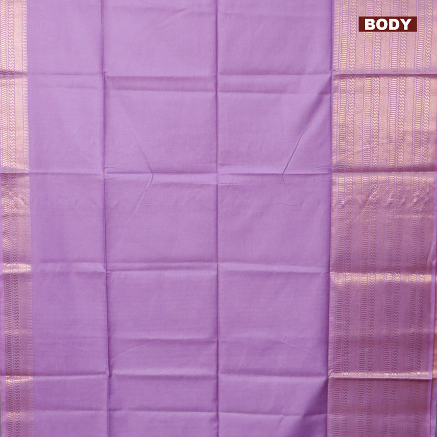 Semi tussar saree lavender shade and pink with plain body and long copper zari woven border & kalamkari printed blouse