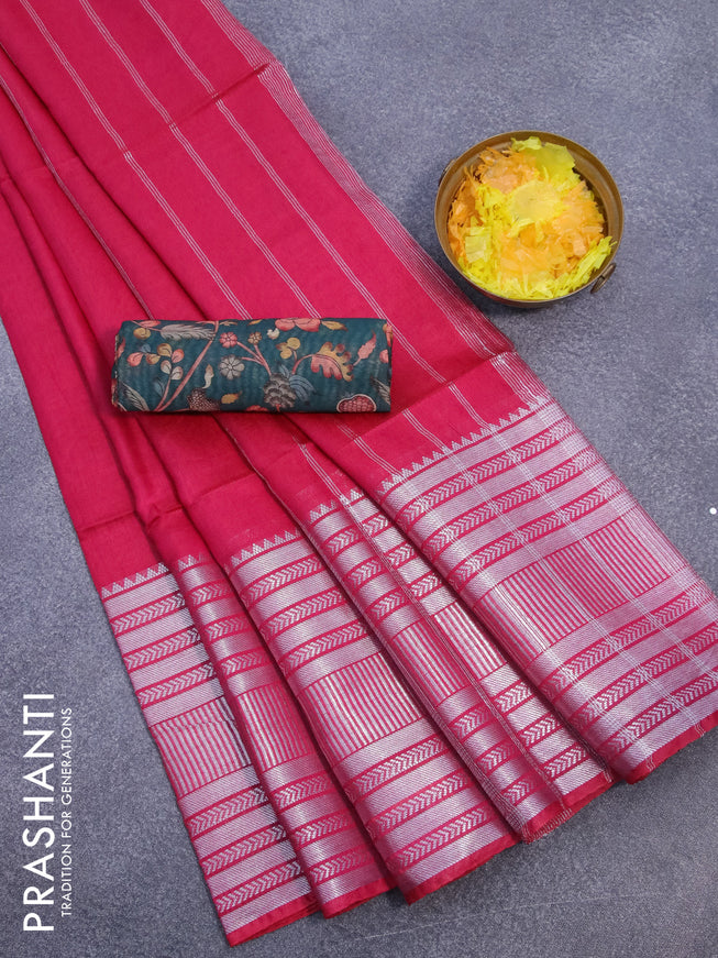Semi tussar saree pink and green with plain body and silver zari woven border & kalamkari printed blouse