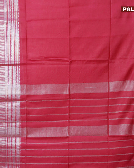 Semi tussar saree pink and green with plain body and silver zari woven border & kalamkari printed blouse