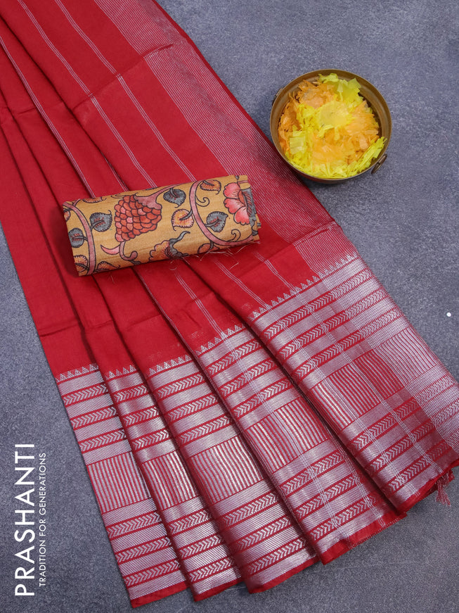 Semi tussar saree red and mustard yellow with plain body and silver zari woven border & kalamkari printed blouse
