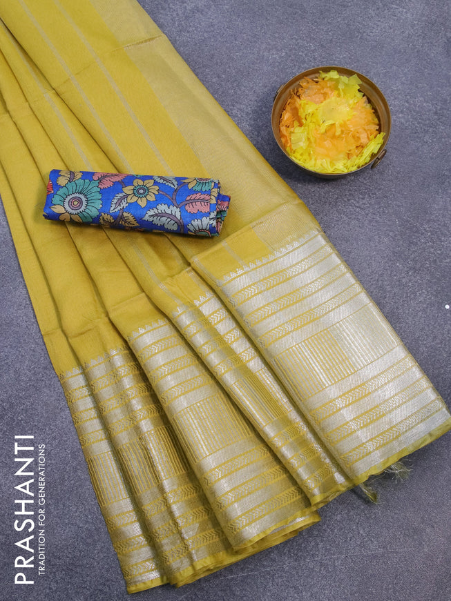 Semi tussar saree lime yellow and royal blue with plain body and silver zari woven border & kalamkari printed blouse