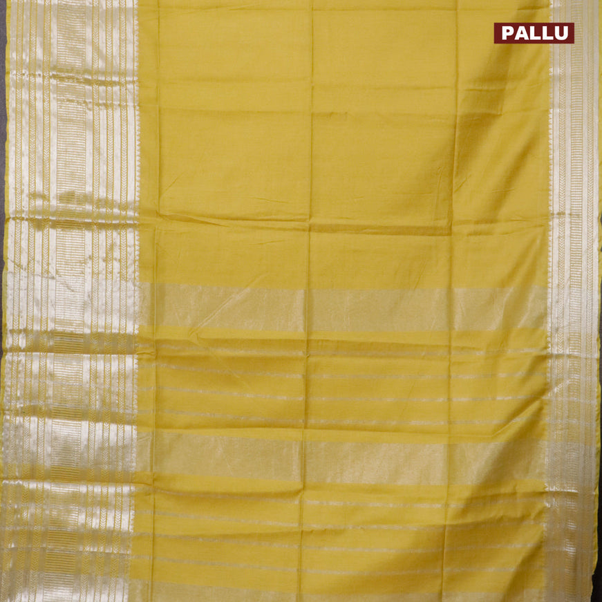 Semi tussar saree lime yellow and royal blue with plain body and silver zari woven border & kalamkari printed blouse