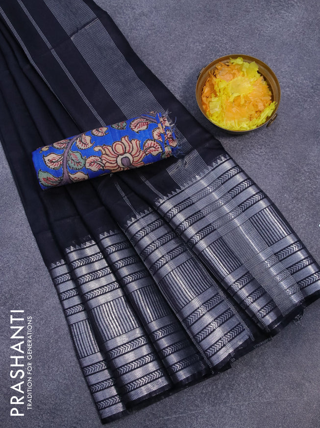 Semi tussar saree black and royal blue with plain body and silver zari woven border & kalamkari printed blouse