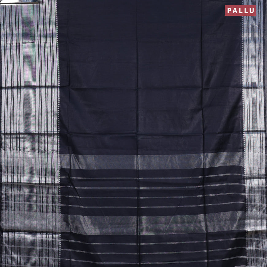 Semi tussar saree black and royal blue with plain body and silver zari woven border & kalamkari printed blouse