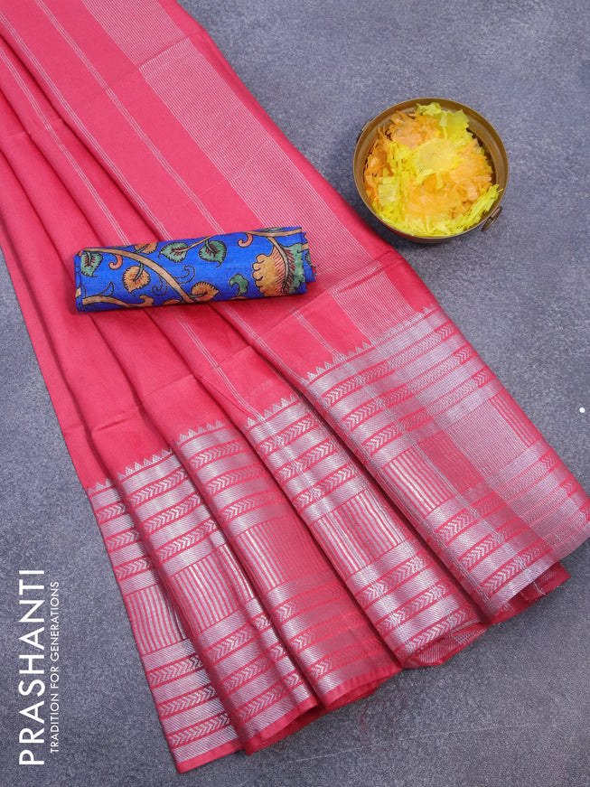 Semi tussar saree pink and royal blue with plain body and silver zari woven border & kalamkari printed blouse