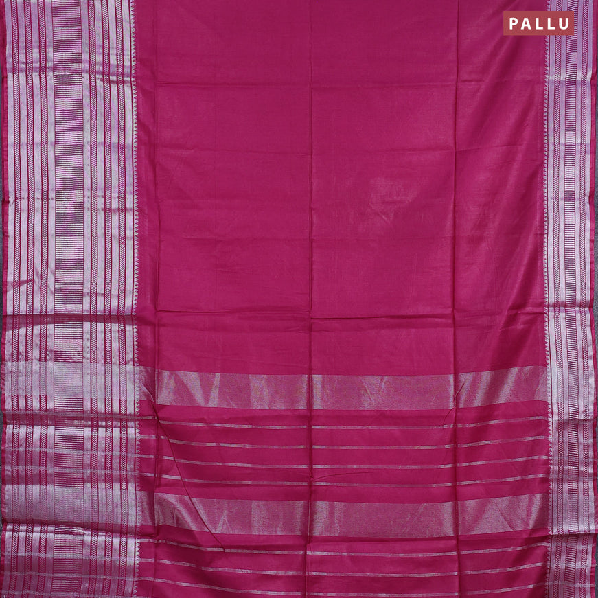 Semi tussar saree magenta pink and royal blue with plain body and silver zari woven border & kalamkari printed blouse