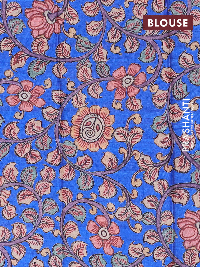 Semi tussar saree magenta pink and royal blue with plain body and silver zari woven border & kalamkari printed blouse