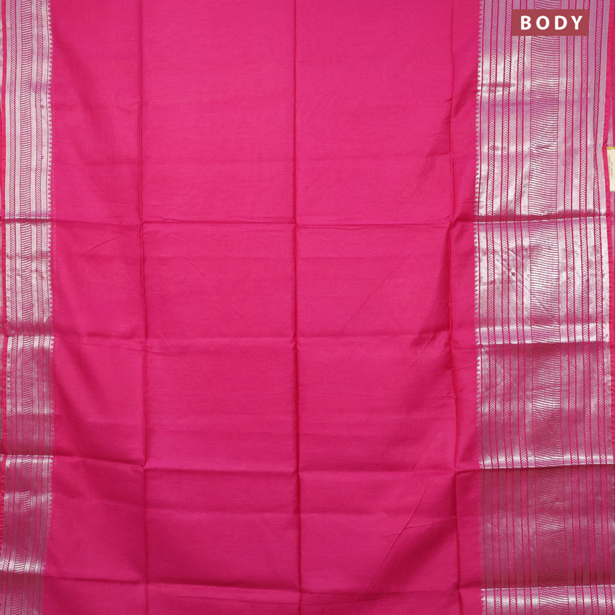 Semi tussar saree pink and mustard yellow with plain body and silver zari woven border & kalamkari printed blouse