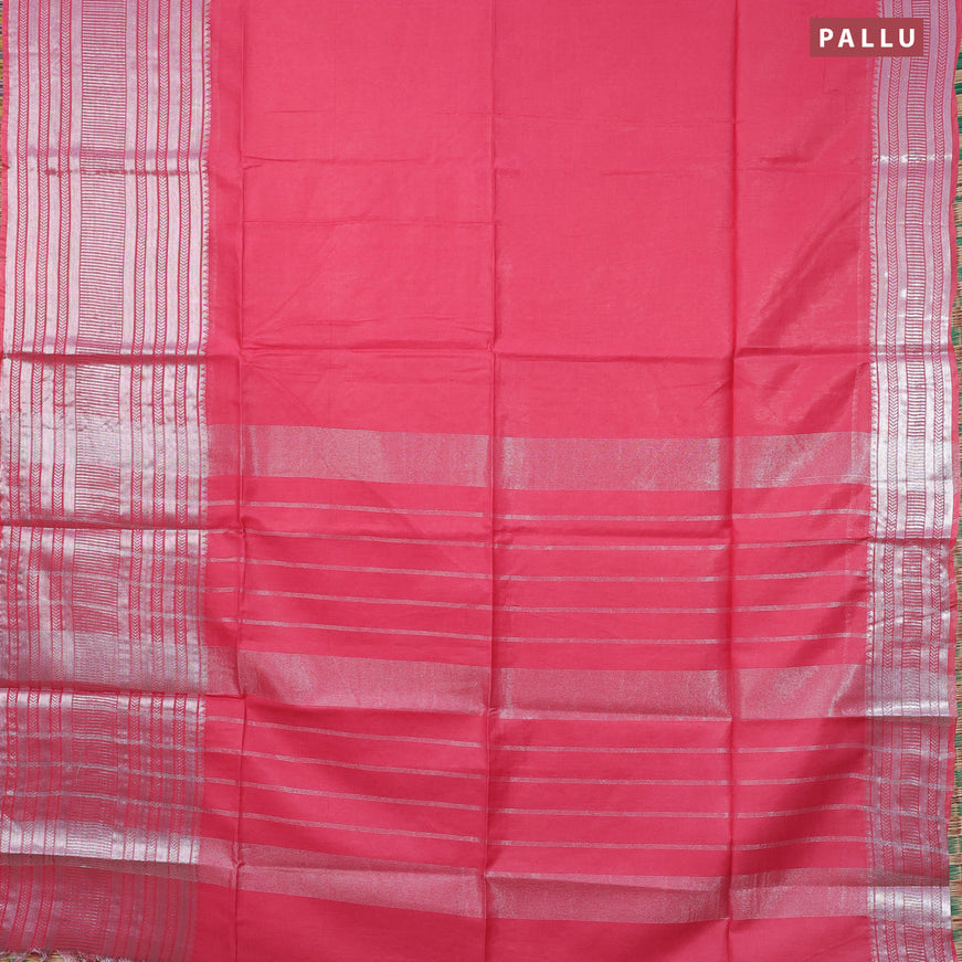 Semi tussar saree pink shade and green with plain body and silver zari woven border & kalamkari printed blouse