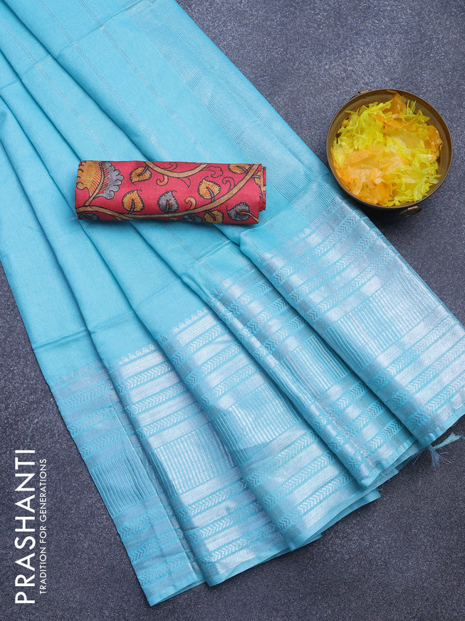 Semi tussar saree teal blue and pink with plain body and silver zari woven border & kalamkari printed blouse