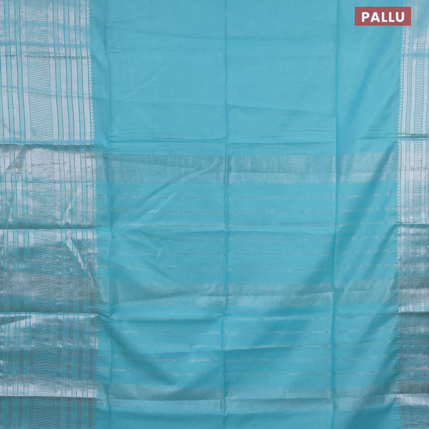 Semi tussar saree teal blue and pink with plain body and silver zari woven border & kalamkari printed blouse