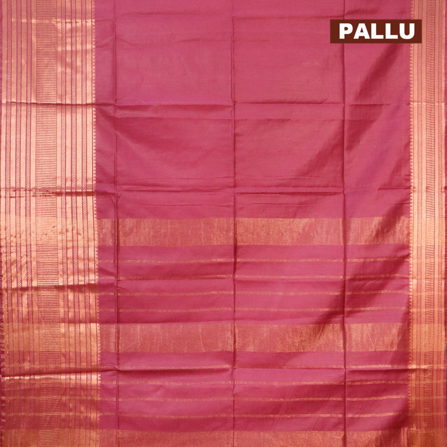 Semi tussar saree magenta pink and teal blue with plain body and copper zari woven border & kalamkari printed blouse