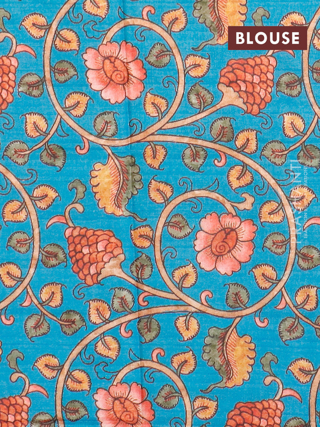 Semi tussar saree magenta pink and teal blue with plain body and copper zari woven border & kalamkari printed blouse