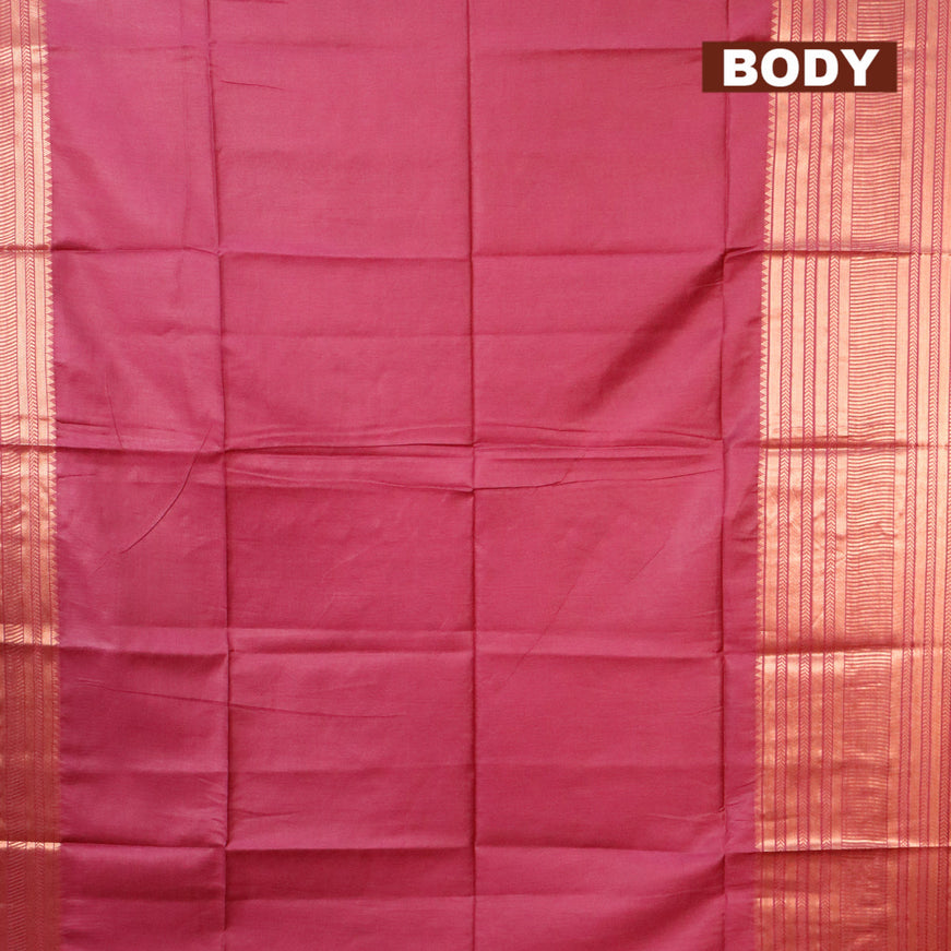Semi tussar saree magenta pink and mustard yellow with plain body and copper zari woven border & kalamkari printed blouse