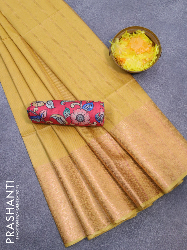 Semi tussar saree lime yellow and tomato pink with plain body and long copper zari woven border & kalamkari printed blouse