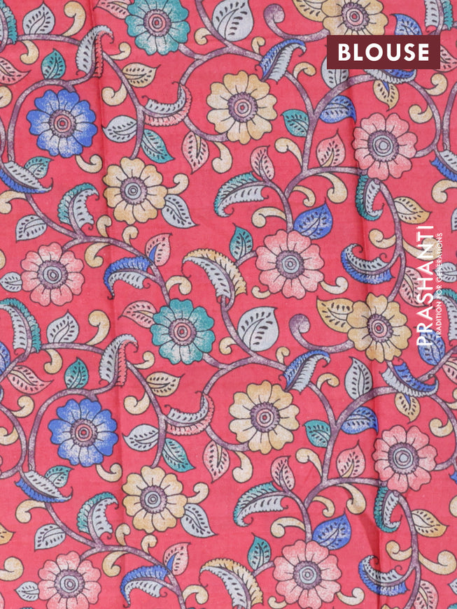 Semi tussar saree navy blue and tomato pink with plain body and long copper zari woven border & kalamkari printed blouse
