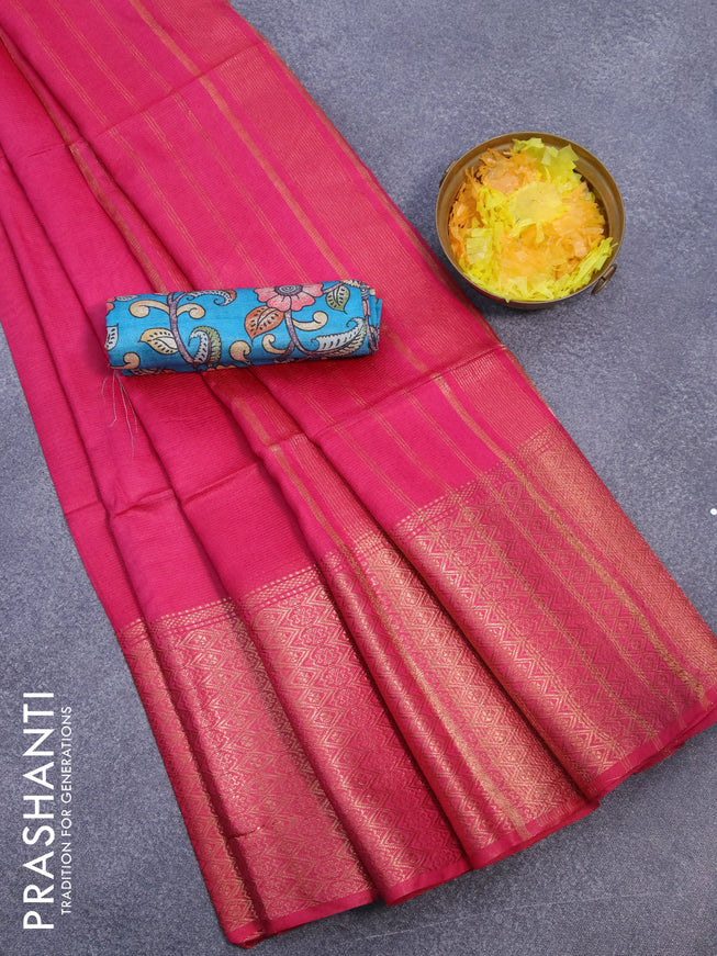 Semi tussar saree pink and teal blue with plain body and long copper zari woven border & kalamkari printed blouse