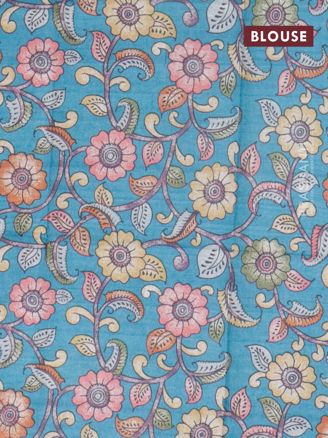 Semi tussar saree pink and teal blue with plain body and long copper zari woven border & kalamkari printed blouse