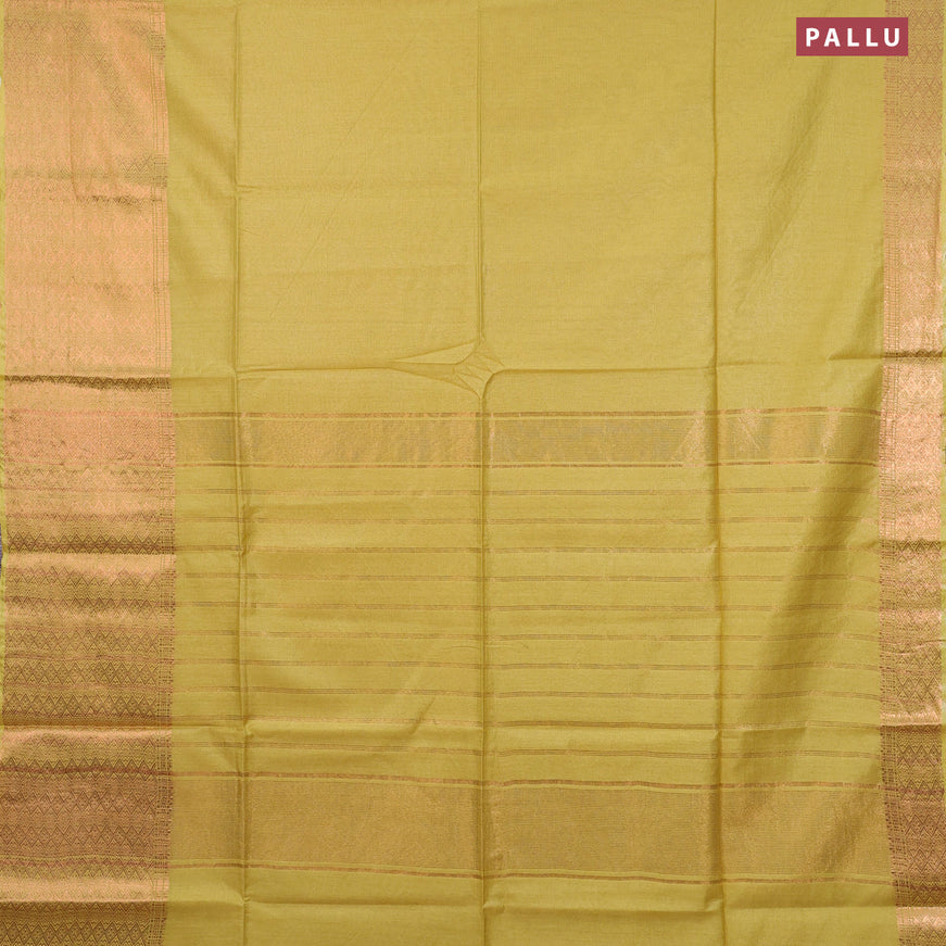 Semi tussar saree lime yellow and royal blue with plain body and long copper zari woven border & kalamkari printed blouse