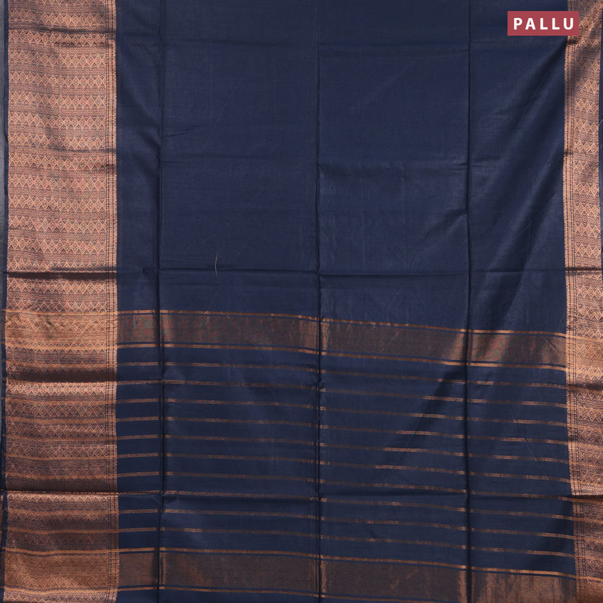 Semi tussar saree navy blue and teal blue with plain body and long copper zari woven border & kalamkari printed blouse