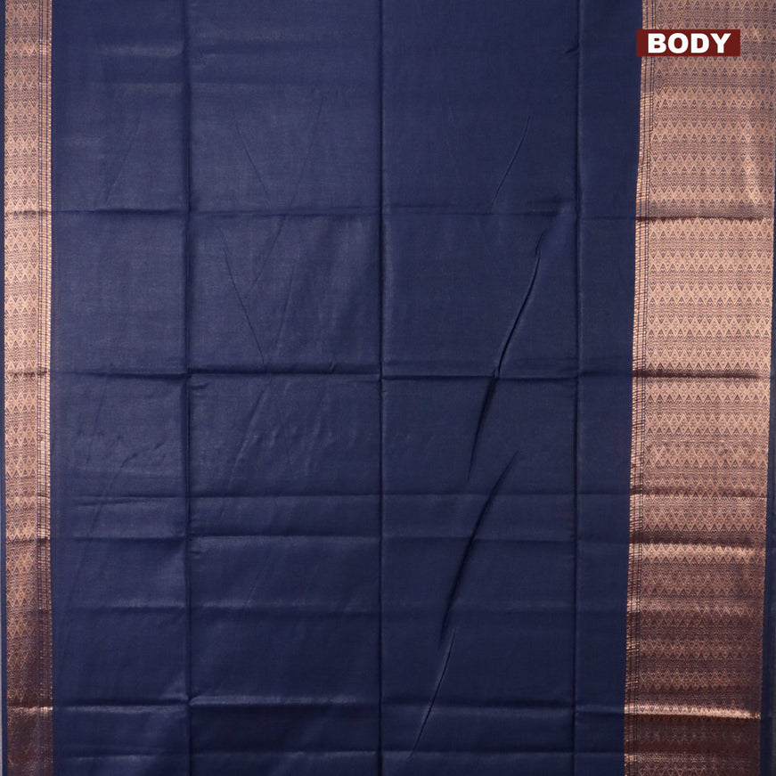 Semi tussar saree navy blue and royal blue with plain body and long copper zari woven border & kalamkari printed blouse